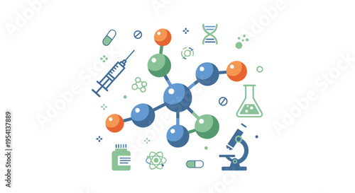 Scientific Research and Medical Innovation Concept. Flat Design Illustration with Chemistry, Biology, and Healthcare Icons.