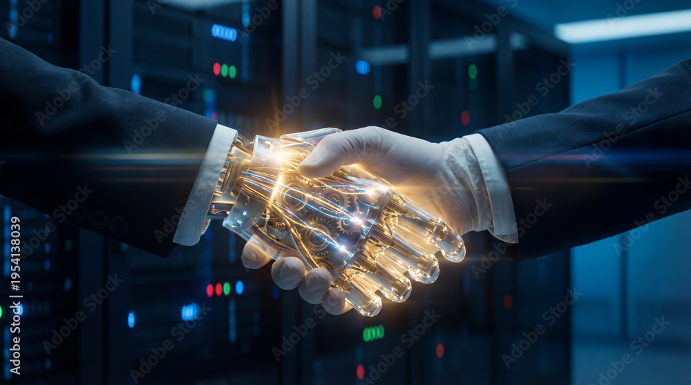 Fototapeta premium Human and Robot Handshake in a Data Center: Symbol of AI Collaboration and Future Technology Integration