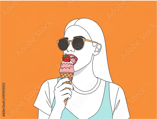 Minimalist woman with sunglasses enjoying a strawberry ice-cream treat.