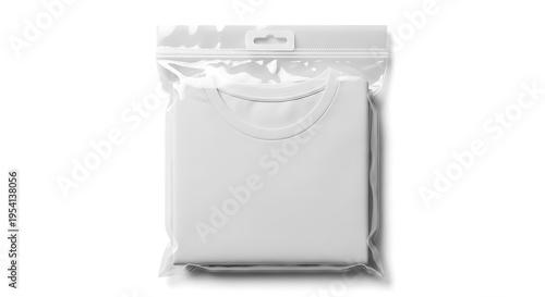 New white t-shirt sealed in clear plastic packaging with hang tab, clean look.
