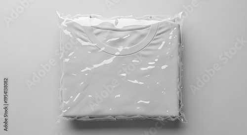 Clean white t-shirt folded neatly in clear plastic packaging, ready for retail.