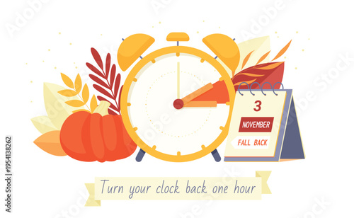 Daylight saving time ends, reminder banner design. Alarm clock and autumn season harvest, 3 November 2024 deadline date on calendar, Turn your clock back one hour text cartoon vector illustration