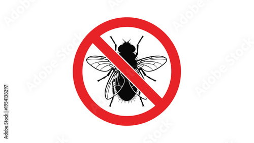 Prohibition sign with a red circle and diagonal bar over a black fly silhouette symbolizing pest control or insect prevention.