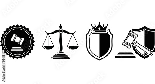 Legal and Justice Icon Set with Gavel, Scales, and Shield Symbols