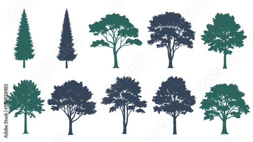 Set of diverse tree silhouettes in shades of green and navy blue representing various species for landscape design projects.