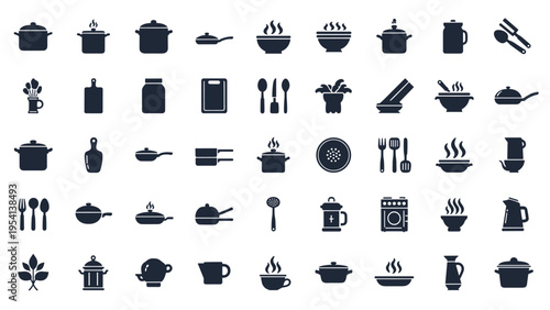 Extensive collection of dark blue kitchenware and cooking tool icons including pots pans jars bowls and utensils on a white background.