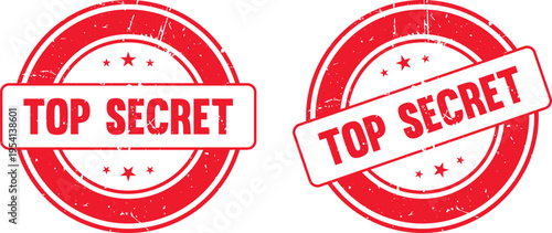 Set of 2 Red Grunge Top Secret Rubber Stamp Vector Illustrations with Distressed Texture for Confidential Documents and Classified Information