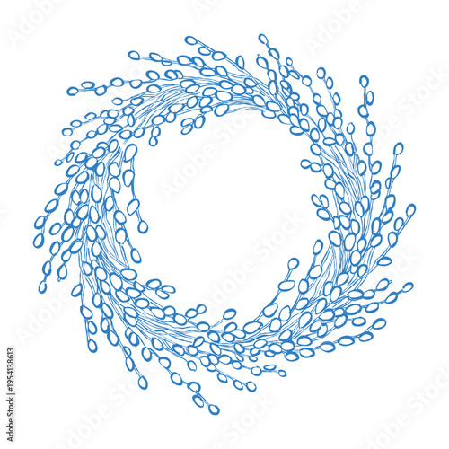 Pussy willow branches frame on a white background. Vector illustration of a pussy willow wreath. Outline clip art in blue. Vintage Easter illustration.