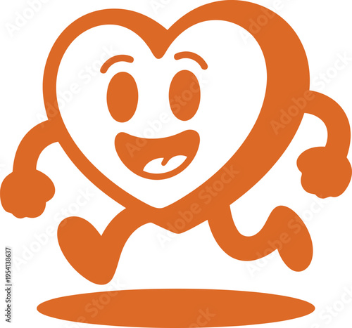 Dynamic orange heart character happily runs with a wide open mouth smile full of enthusiasm