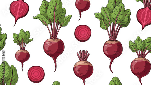 Seamless pattern of vibrant beetroots with green leaves and sliced segments on a white background for health and food themes.