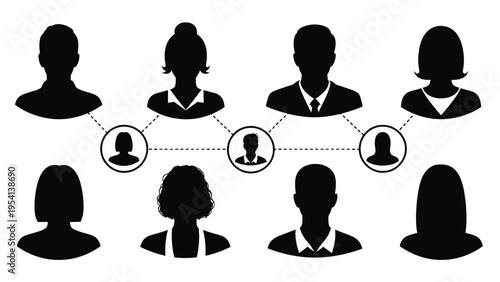 Conceptual illustration of a social network or business hierarchy showing silhouettes of people connected by dashed lines.