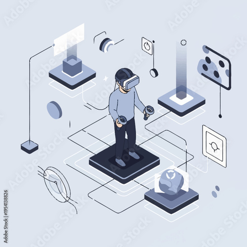 Isometric illustration of a person using a virtual reality headset and controllers in a futuristic setting.