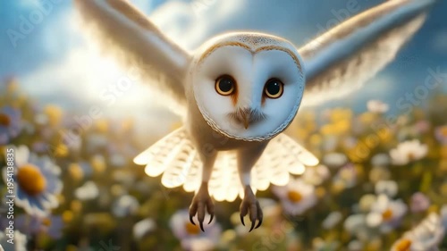 White barn owl Tyto alba gliding toward camera over a meadow of chamomile flowers in bright sunlight.