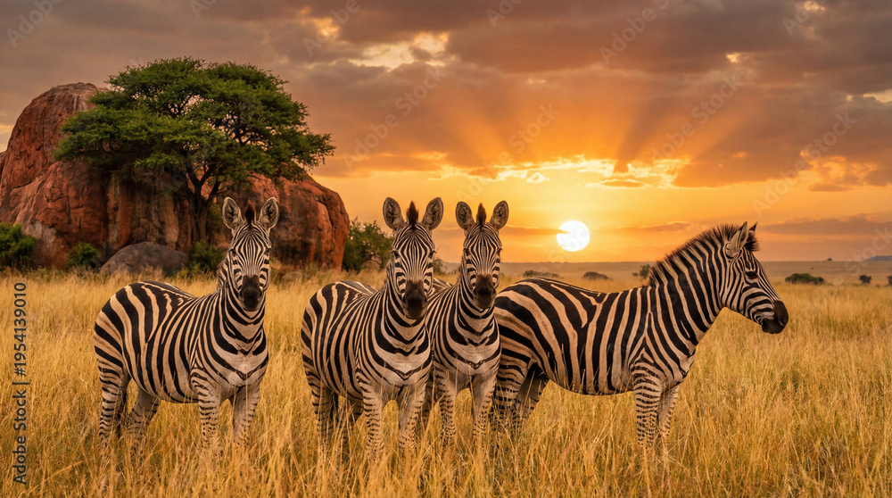 Naklejka premium Herd of Zebras Stand Together in Golden Grassland at Sunset with Vibrant Sky and Sunrays