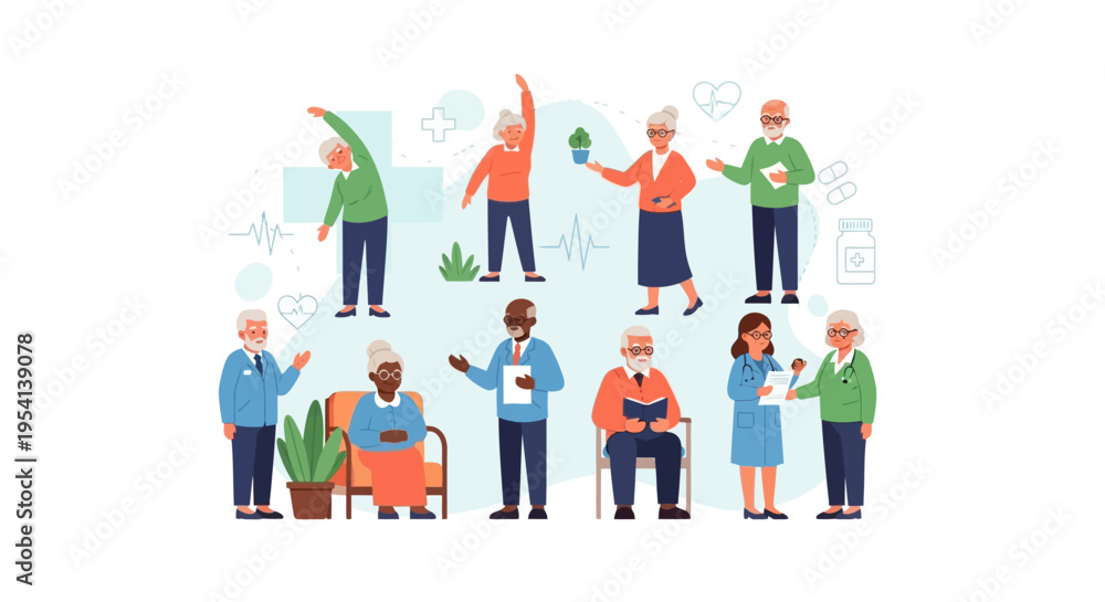 Fototapeta premium Diverse Senior Citizens Engaging in Health, Wellness, and Medical Care Activities