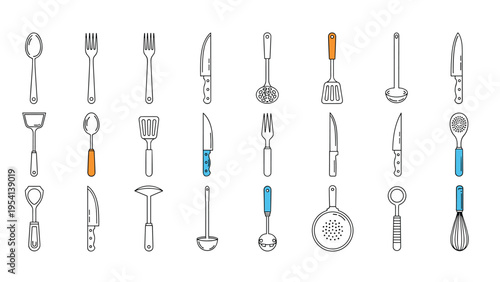 Versatile array of kitchen utensil icons including spoons forks and knives displayed in a clean modern line art style with colorful accents.