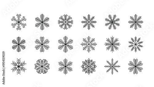 Detailed set of intricate snowflake illustrations showcases a variety of unique geometric crystal patterns perfect for winter holiday themes.