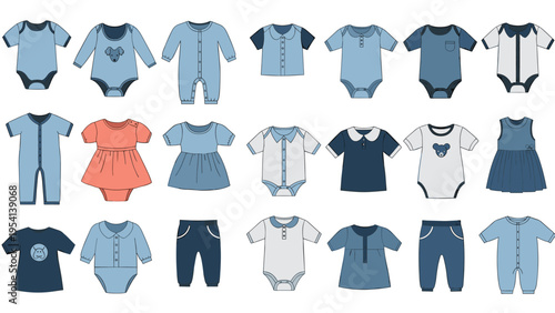 Comprehensive set of baby clothing items such as onesies and dresses shown in soft blue tones with a single contrasting coral pink garment.