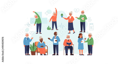 Diverse Senior Citizens Engaging in Health, Wellness, and Medical Care Activities