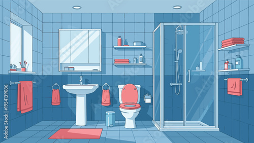 Detailed pixel art scene of a modern bathroom interior includes a glass shower stall toilet sink and bright red towels and accessories.
