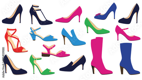 Stylish collection of women's footwear including high heels sandals and boots displayed in a vibrant variety of colors and modern designs.