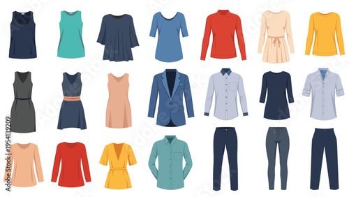 Diverse grid of contemporary women's apparel icons including tops blazers and trousers presented in a variety of fashionable solid colors.