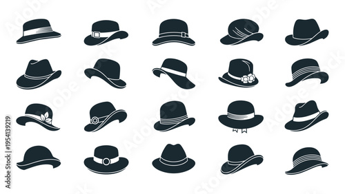 Extensive collection of women's hat silhouettes presents many different styles of headwear including cloches wide-brimmed and fedora shapes.