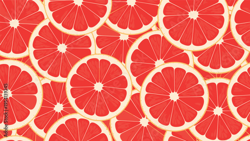 Seamless citrus fruit pattern features vibrant slices of pink grapefruit or red oranges overlapping in a bright and refreshing summer design.