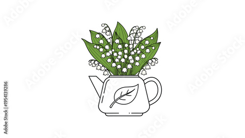 Charming illustration of fresh lilies of the valley flowers arranged inside a simple white watering can decorated with a single leaf icon.