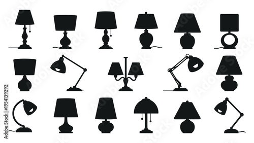 Black silhouette collection of different lamp styles includes traditional table lamps modern desk lights and elegant floor lighting fixtures.