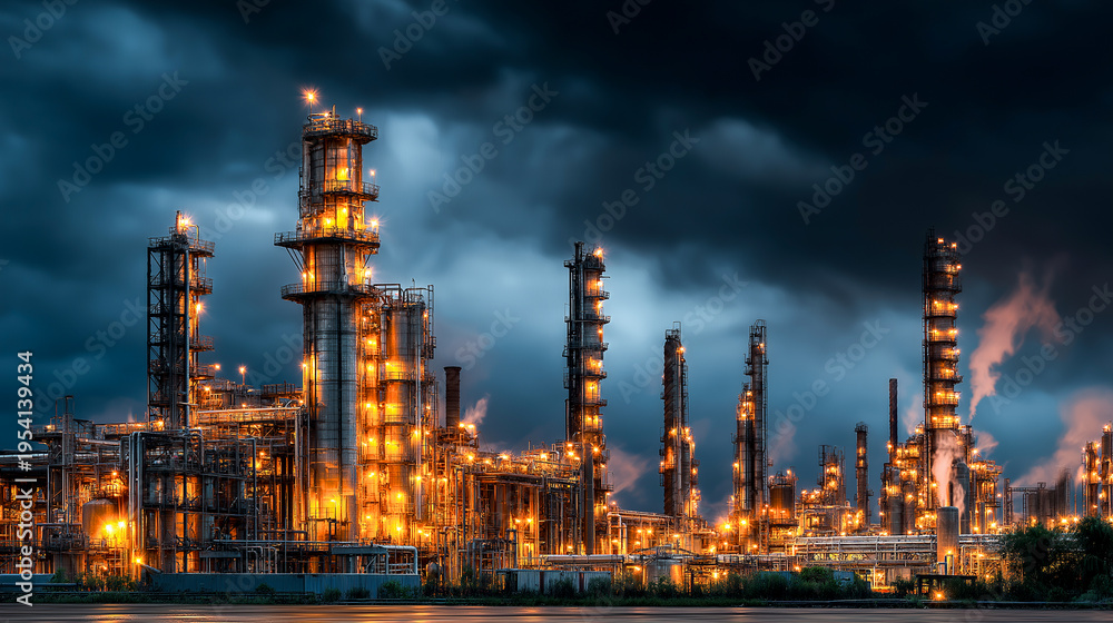 Obraz premium oil refinery at night factory exterior with smoking chimneys