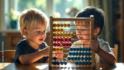 Two little boys playing with abacus at table. A heartwarming close-up captures their playful learning. Educational games, early childhood development, cognitive skills.