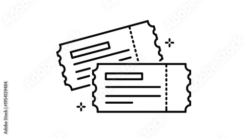 Simple black and white line icon represents two event tickets with decorative sparkles suitable for cinema theater or concert themes.