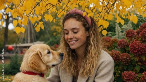 Smiling woman embraces golden retriever in park with yellow leaves. A heartwarming medium shot of friendship and joy. Autumn colors, pet companionship, seasonal beauty.