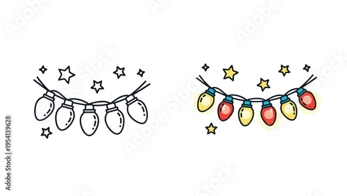 Decorative set of Christmas light garlands is shown in both a simple black line version and a vibrant colored version for holiday decor.