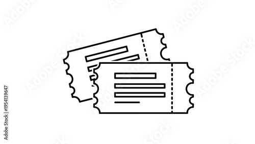 Minimalist black outline icon depicts two perforated tickets stacked together for admission to movies concerts or various public events.