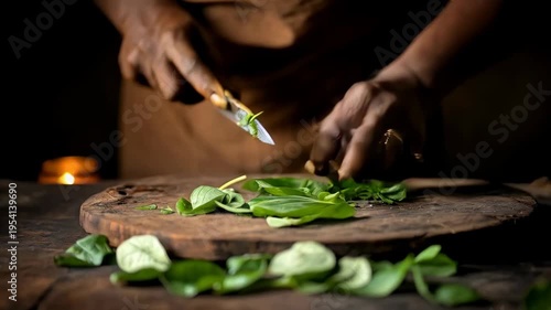 Adult person with dark skin tone chopping fresh green spinach on a rustic wooden cutting board in a dimly lit kitchen with warm background light.