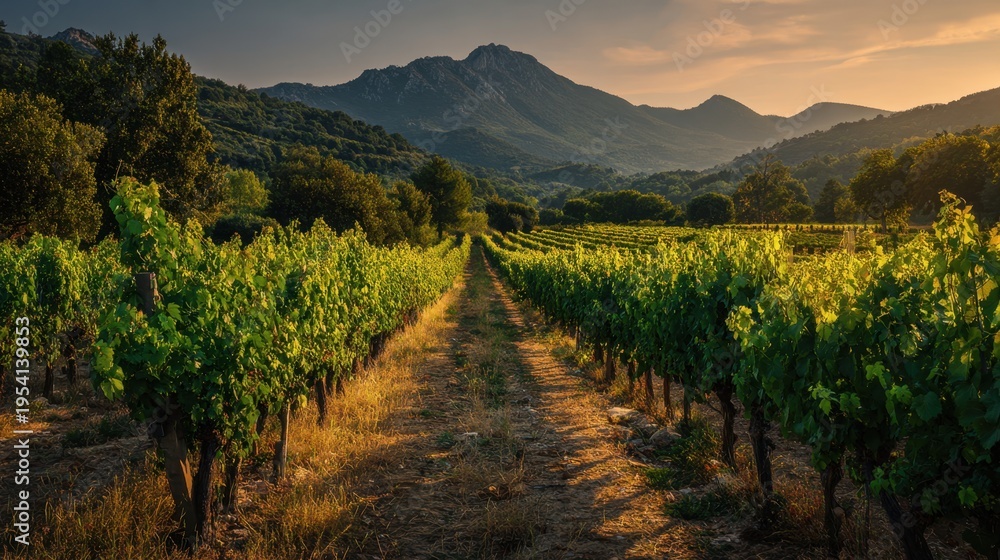 Fototapeta premium Vineyard rows stretching toward mountain range at sunset