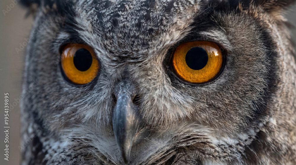 Fototapeta premium Intense Close-Up of a Majestic Owl's Face with Piercing Golden Eyes and Detailed Feathers