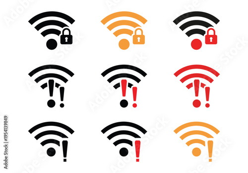 Set of wifi problem icon and wifi security icon set. Disconnect Wireless network symbol collection. No Wi-fi and internet signal. lost internet connection sign. vector illustration