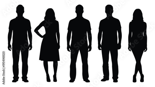 Five human silhouettes standing in a row on white background