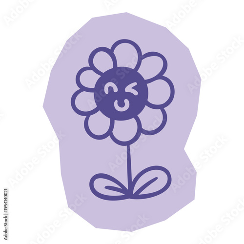 Hand drawn purple flower with a winking smiling face and leaves for scrapbook and journal. Vector illustration design.