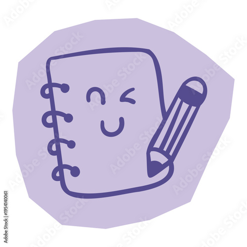 Hand drawn purple spiral notebook and pencil with a smiling winking face for scrapbook and journal. Vector illustration design.