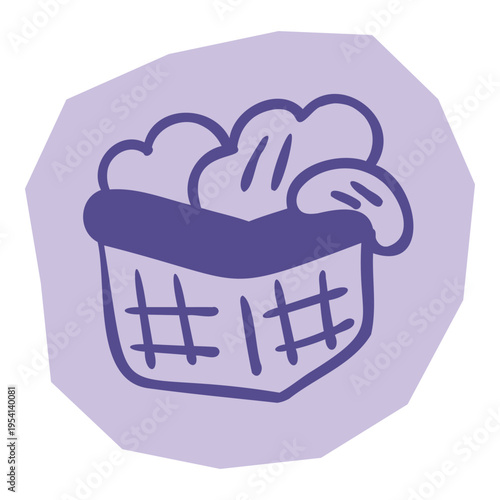 Hand drawn purple laundry basket filled with clothes for scrapbook and journal. Vector illustration design.