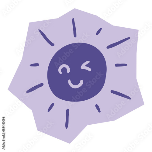 Hand drawn purple sun with a winking smiling face for scrapbook and journal. Vector illustration design.