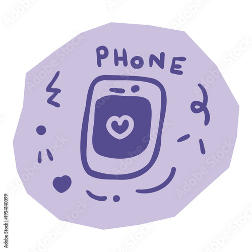 Smartphone outline icon with heart on screen and phone text on purple shape for scrapbook and journal. Vector illustration design.