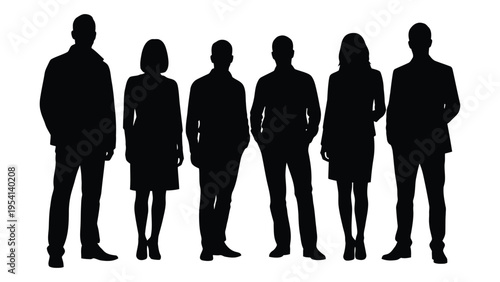 Six people standing in a line shown as black silhouettes against a white background