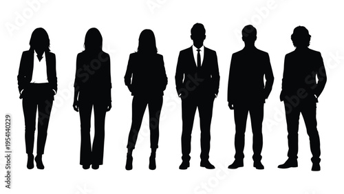 Silhouettes of six business professionals standing in a row