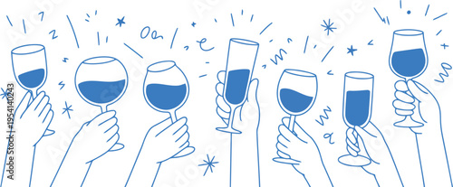 Many hands hold up various glasses filled with blue liquid during a celebratory party or toast