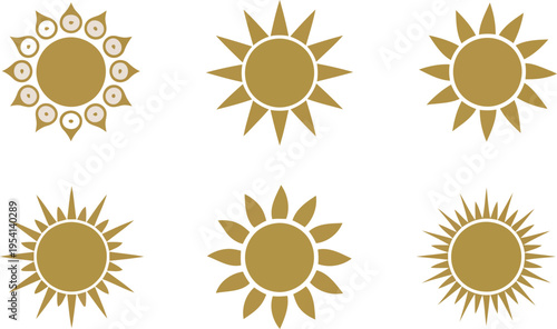 Multiple golden sun icons showcasing diverse ray and ring designs against a pure white backdrop